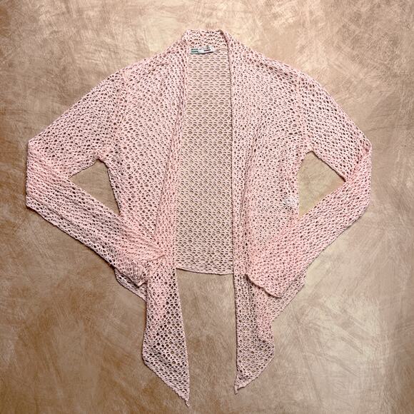 Vintage Y2K Made in Italy Pink Net Cut Out Cardigan Open Front Boxy Cut Euro - Picture 1 of 6